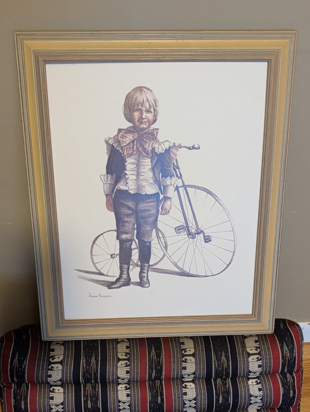 Framed Vintage Boy with Bicycle Art Print - Beige and Black